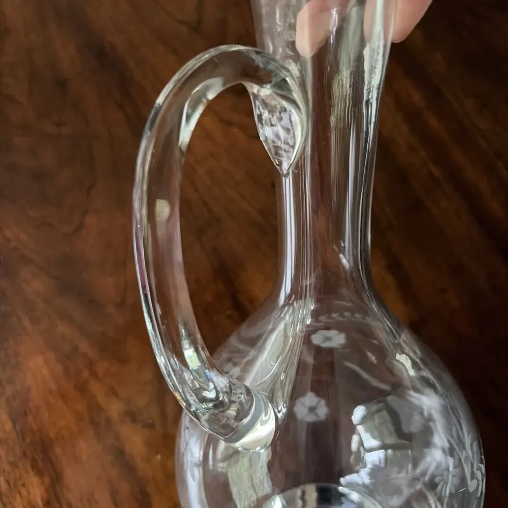 Vintage Art Glass Wine Floral Etched Decanter
